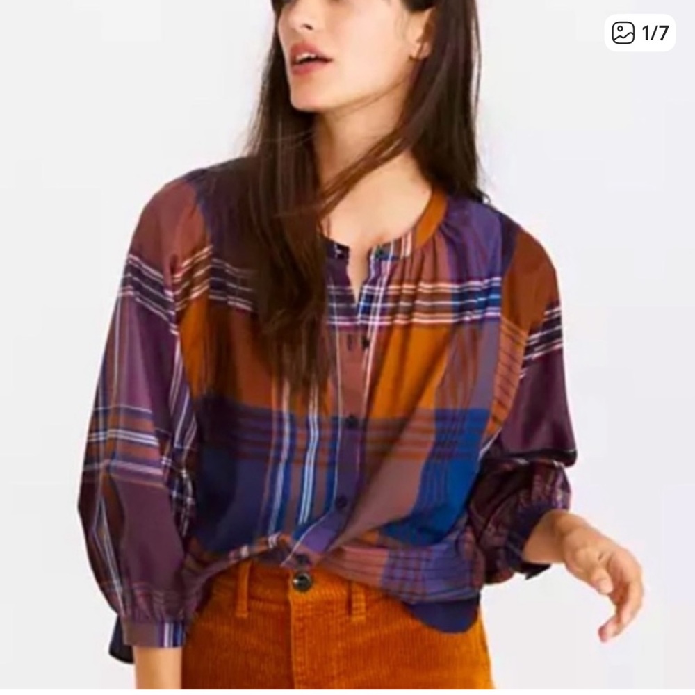 Madewell Plaid Ballon Sleeve Peasant Top Size Small
